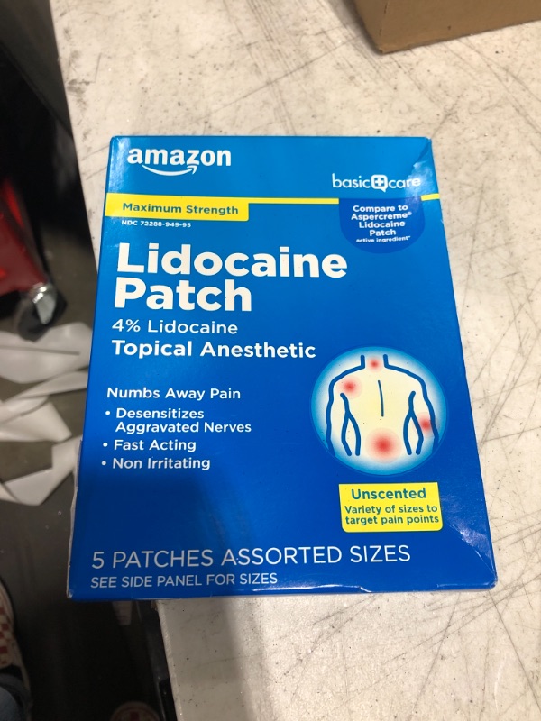 Photo 2 of Amazon Basic Care Lidocaine Patches, 4% Lidocaine, Maximum Strength Pain Relief Patches in Assorted Sizes, Fragrance Free, 5 Count Variety 5 Count (Pack of 1)