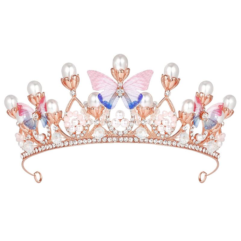 Photo 1 of Butterfly Crown for Girls, Rose Gold Crown with Pearl Birthday Party Prom Tiaras Butterfly Headbands 