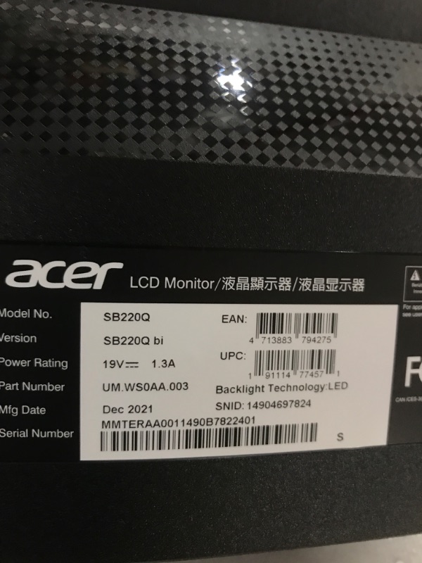 Photo 3 of Acer 21.5 Inch Full HD (1920 x 1080) IPS Ultra-Thin Zero Frame Computer Monitor (HDMI & VGA Port), SB220Q bi Monitor only 21.5-inch