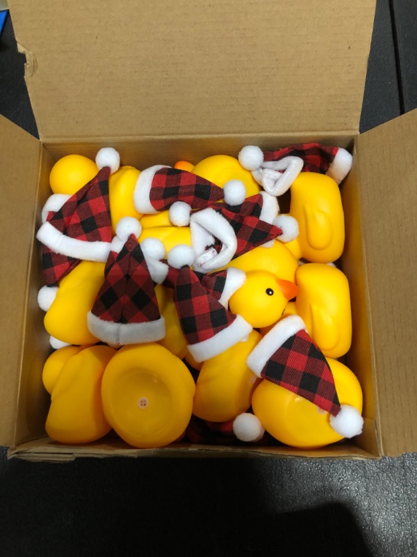 Photo 2 of 12 Pcs Christmas Rubber Ducks with 12 Buffalo Plaid Hats and 12 Scarves, Mini Rubber Ducks Christmas Mini Ducks Rubber Ducky Bath Toy for Birthday Christmas Party Gift Favors (Vivid Color)