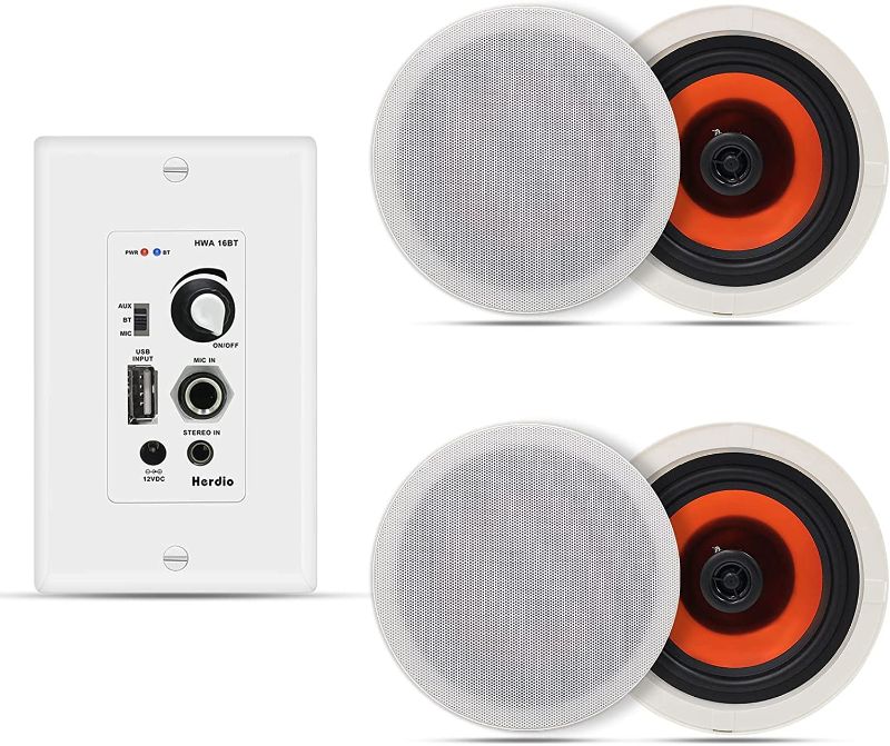 Photo 1 of Herdio 6.5'' Bluetooth in Wall in Ceiling Speakers 600W 2-Way Flush Mount Speakers System with Wall Amplifier Receiver for Home Theater Office Bathroom(2Pairs, Paintable-Grille) 