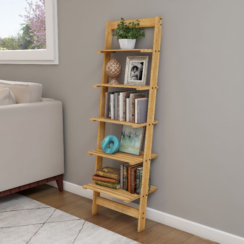 Photo 1 of  L5-Tier Ladder Shelf – Leaning Book Case – Bookshelf for Bedroom Living Room or Kitchen Shelving – Home Décor by Lavish Home (Oak) 