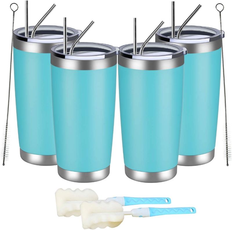 Photo 1 of  MEWAY 20oz Tumbler 4 Pack Double Wall Vacuum Insulated Travel Mug Bulk, Stainless Steel Tumblers with Lid and Straw, Durable Powder Coated Coffee Cups for Cold & Hot Drinks (Light Blue, 4 ) 