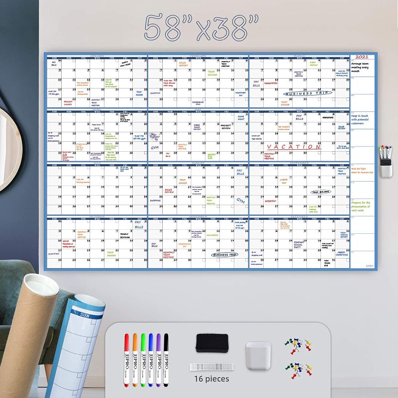 Photo 1 of 
Roll over image to zoom in
Large Dry Erase Wall Calendar - 58"x38" - Blank Undated Yearly Calendar - Whiteboard Premium Laminated Planner - Reusable Laminated Office Jumbo 12 Months Calendar