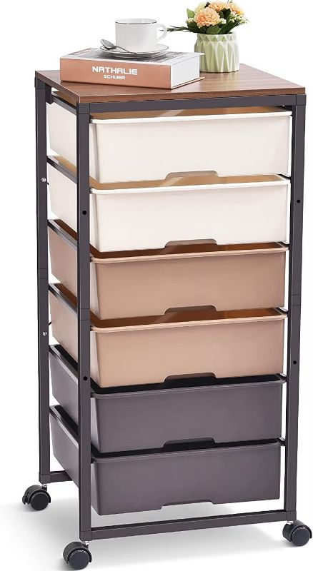 Photo 1 of  APEXCHASER Plastic Drawers Storage Unit,6 Large Storage Drawers Cabinets with Wooden Tabletop,Multipurpose Rolling Cart with Lockable Wheels for Bedroom,Office,Brown 
