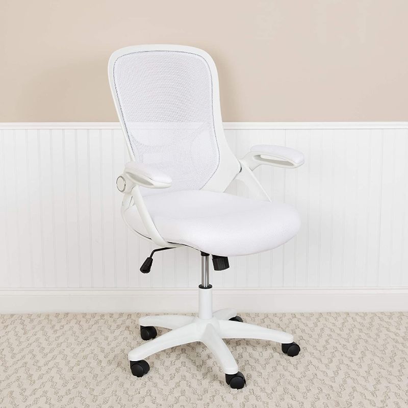 Photo 1 of Flash Furniture High Back White Mesh Ergonomic Swivel Office Chair with White Frame and Flip-up Arms 26.5D x 26.5W x 44H in
