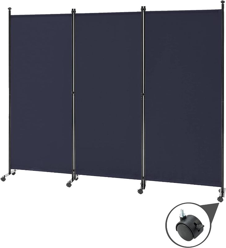 Photo 1 of  Spurgehom 3 Panel Rolling Room Divider, Folding Partition Privacy Screens, Freestanding Fabric Room Panel, Portable Folding Wall Divider for Office, Room,Restaurant, Hospital (Blue) 