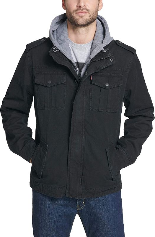 Photo 1 of  Levi's Men's Washed Cotton Hooded Military Jacket, BLACK, SIZE XL