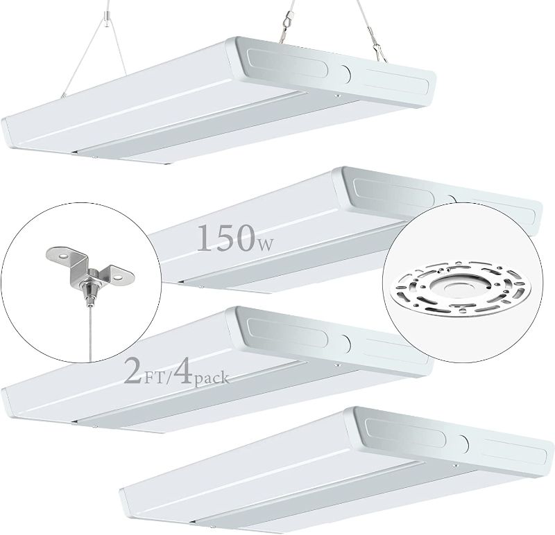 Photo 1 of Lightdot 4 Pack LED High Bay Shop Light, 2FT (Large Area Illumination) 150W 21500LM [Eqv.600W MH/HPS] 5000K Daylight Linear Hanging Light for Warehouse, Energy Saving Upto 5600KW*4/5Yrs(5Hrs/Day) 