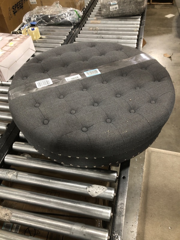 Photo 2 of 24KF Large Round Upholstered Tufted Button Linen Ottoman Coffee Table , Large Footrest Bench with Caters Rolling Wheels- Charcoal Gray 