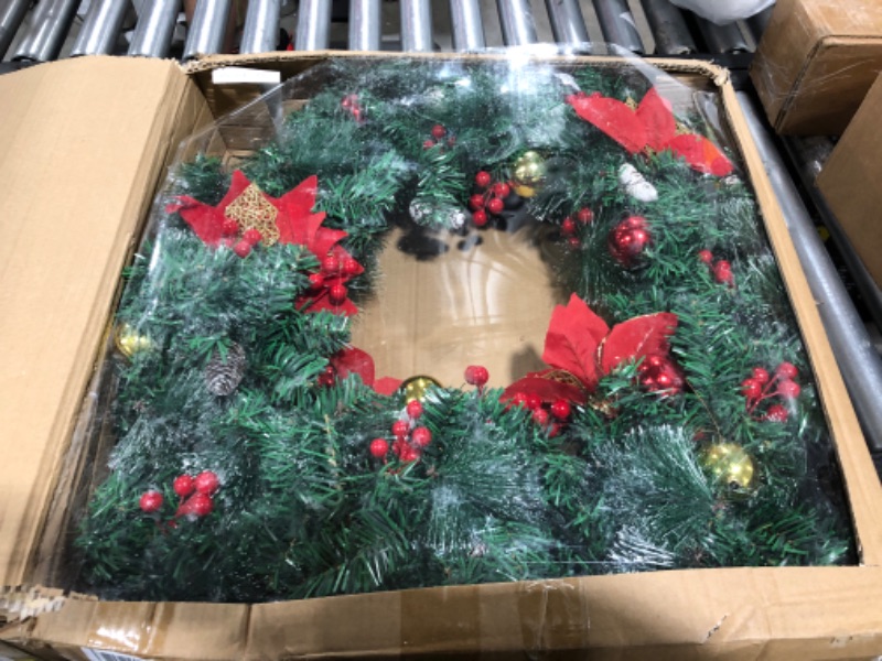 Photo 2 of 30 Inch Big Snowy Prelit Christmas Wreath for Front Door Timer 80 Color Lights Dual Frame 4 Poinsettia 8 Balls 220 Branch 12 Pinecone 60 Red Berries Battery Operated Christmas Decoration Outdoor