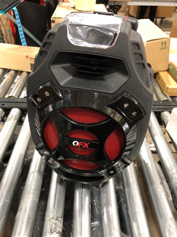 Photo 1 of QFX PBX-61081BT-RED 8-Inch Rechargeable Bluetooth Portable Speaker with 8" Woofer, AUX, SD Card, and FM Radio