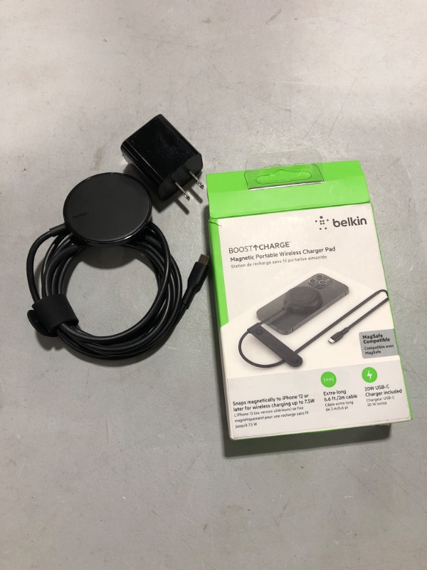 Photo 2 of Belkin Magnetic Portable Wireless Charger Pad - 6’ (2M) Long Cable - MagSafe Charger Compatible - iPhone Charger - Works w/ iPhone 14/13 & 12 - Power Supply Included - Black
