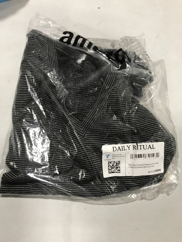 Photo 1 of Amazon Essentials Women's Supersoft Terry Deep V-Neck Roll-Sleeve Dress (Previously Daily Ritual) Rayon Blend Black/White, Stripe Large