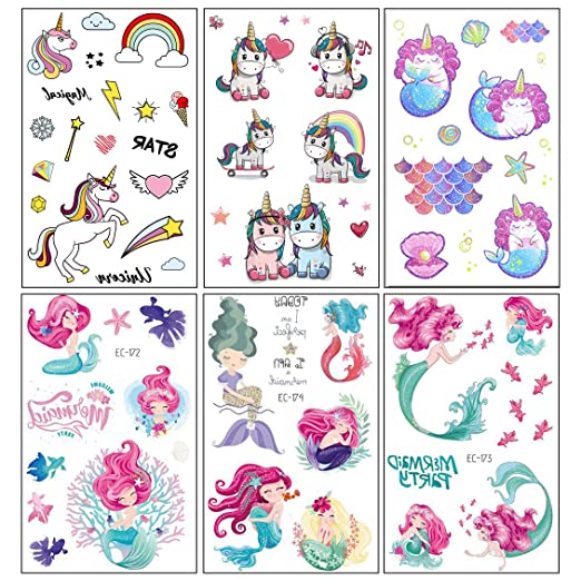 Photo 1 of 2 packs of Mermaid Unicorn Tattoos for Kids Party Favors, Temporary Tattoo for Goody Bags Fillers Trick or Treat Gifts Birthday Party Supplies
