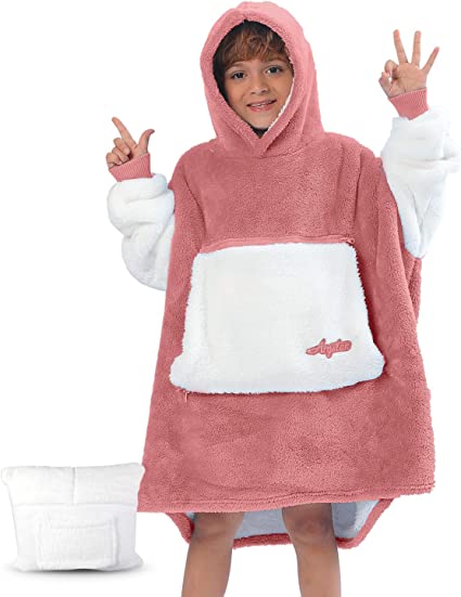 Photo 1 of Argstar Oversized Blanket Hoodie Kid Boys Girls, Cozy Sherpa Wearable Blanket Children, Comfy Giant Warm Soft Hoodie Blanket Sweatshirt with Deep Pocket and Elastic Sleeve (Pink)
