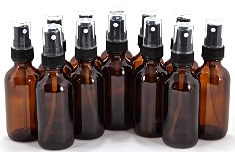 Photo 1 of 12, Amber, 2 oz Glass Bottles, with Black Fine Mist Sprayers
