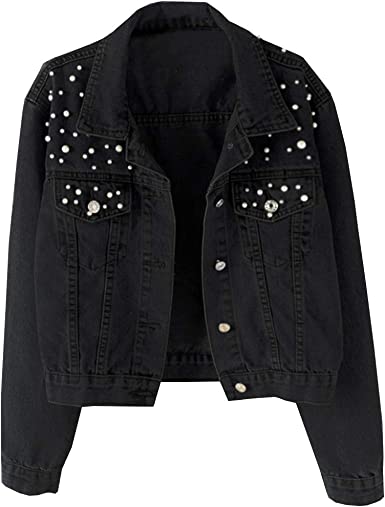 Photo 1 of Anienaya Women's Pearl Studded Jean Jacket Embroidered Rivet Pearl Short Cropped Denim Jacket Coat BLACK
SIZE-MEDIUM