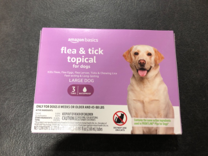 Photo 1 of Amazon Basics Flea and Tick Topical Treatment for Large Dogs (45-88 pounds), 3 Count (Previously Solimo) 3 Count Large Dogs (45 - 88 lbs)