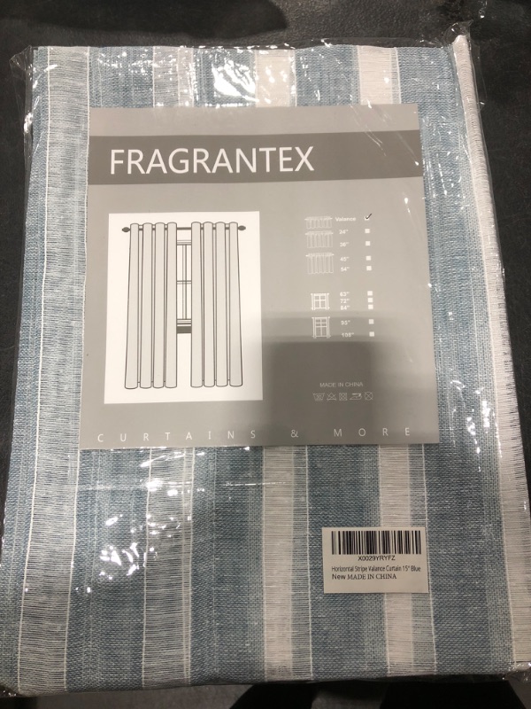 Photo 2 of Fragrantex Blue Striped Valance Curtains 15 inches for Kitchen Windows/Bathroom/Dining Room Linen Textured Semi Sheer Farmhouse Cafe Window Toppers Small Curtain Rod Pocket,56" Wx15 L,1 Panel 56" x 15" x 1 Blue