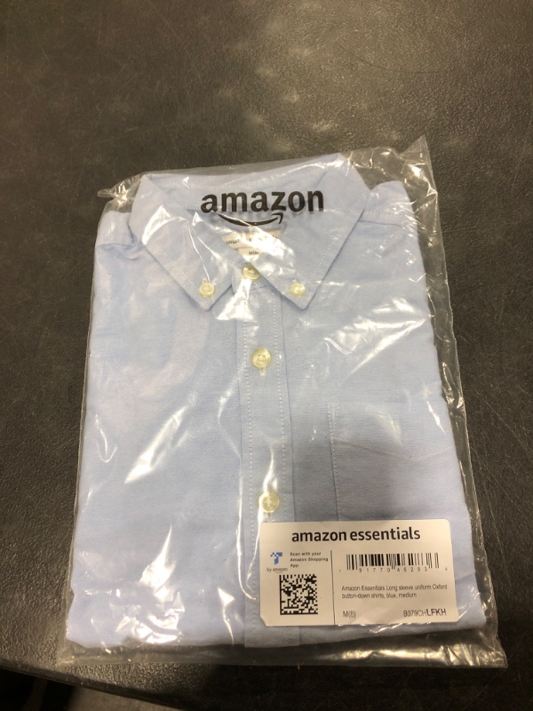 Photo 2 of Amazon Essentials Boys' Uniform Classic Fit Long-Sleeve Woven Oxford Shirt Medium Blue