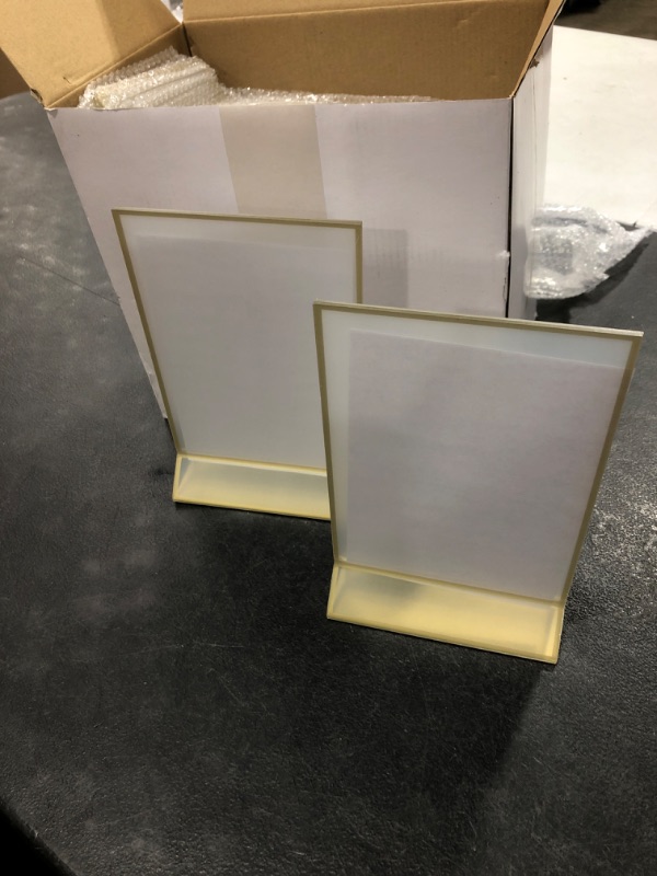 Photo 2 of 12 Pack Gold Acrylic Sign Holder, Double Sided Picture Frames with Gold Border Wedding Table Number Holder Vertical Menu Display Stands for Wedding Table, Restaurant(Vertical, Horizontal,5 x 7 Inch) 5 x 7 Inch Vertical, Horizontal