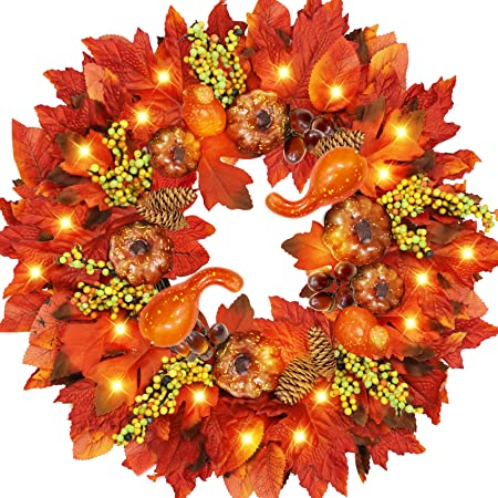 Photo 1 of [ Thick & Timer ] 18" Fall Wreath for Front Door Thanksgivings Decorations 20 Lights 61 Maple Leaves Pumpkin Pine Cone Berry Battery Operated Autumns Harvest Thanksgivings Decor Home Outdoor
