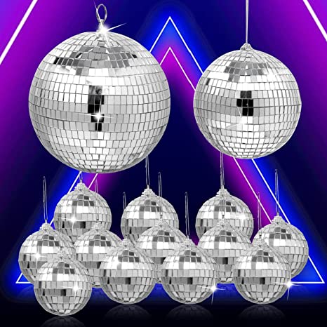 Photo 1 of 14Pcs Hanging Mirror Disco Ball Ornaments,Bright Silver Reflective Disco Ball Free Rotation Disco Ball for Fun Party Home Bands Decorations(8Inch,6Inch,2.5Inch)
