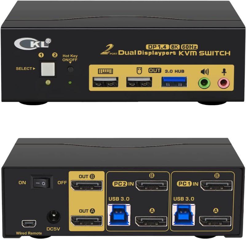 Photo 1 of CKL 2 Port USB 3.0 KVM Switch Dual Monitor DisplayPort 1.4 4K@144Hz 8K@30Hz for 2 Computers, PC Screen Keyboard Mouse Peripheral Audio Sharing Selector Box, with All Cables (622DP-4)
