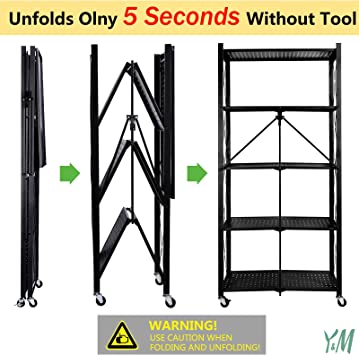 Photo 1 of 5 Tier Storage Shelves for Kitchen Foldable Storage Shelf Rack, No Assembly Storage Shelving on Wheels for Kitchen Rolling Cart, Garage Bathroom Organizer, Book Shelving Unit - Black (Ship from US)
