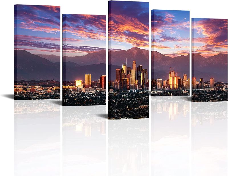 Photo 1 of  Los Angeles City Canvas Wall Art 5 Pieces California Skyline Sunset Painting Prints USA Cityscape Pictures for Bedroom Living Room Decor Framed Ready to Hang