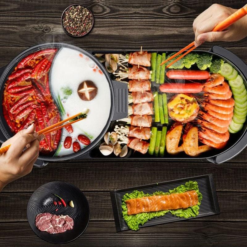 Photo 1 of  Larger 2 in 1 220V Electric Hot Pot Oven Smokeless Barbecue Machine Home BBQ Grills Indoor Roast Meat Dish Plate Multi Cooker