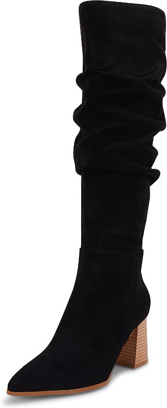 Photo 1 of Coutgo Womens Knee High Boots Low Chunky Block Heels Pointed Toe Side Zipper Faux Suede Fall Winter Ruched Cowboy Cowgirl Boot - size 7.5
