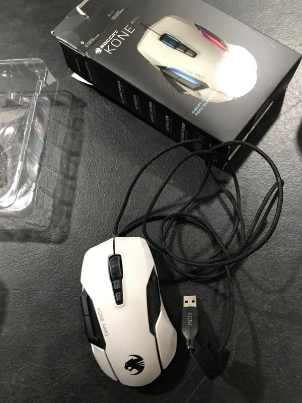 Photo 2 of ROCCAT Kone AIMO Remastered PC Gaming Mouse, Optical, RGB Backlit Lighting, 23 Programmable Keys, Onboard Memory, Palm Grip, Owl Eye Sensor, Ergonomic, LED Illumination, Adjustable to 16,000 DPI-White Silver Kone AIMO