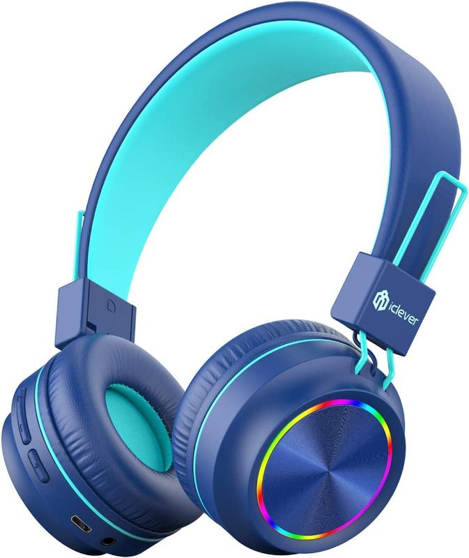 Photo 1 of iClever BTH03 Kids Bluetooth Headphones Safe Volume, Colorful LED Lights, 25H Playtime, Stereo Sound Mic, Bluetooth 5.0, Foldable, On Ear Kids Wireless Headphones for Tablet Airplane, Blue
