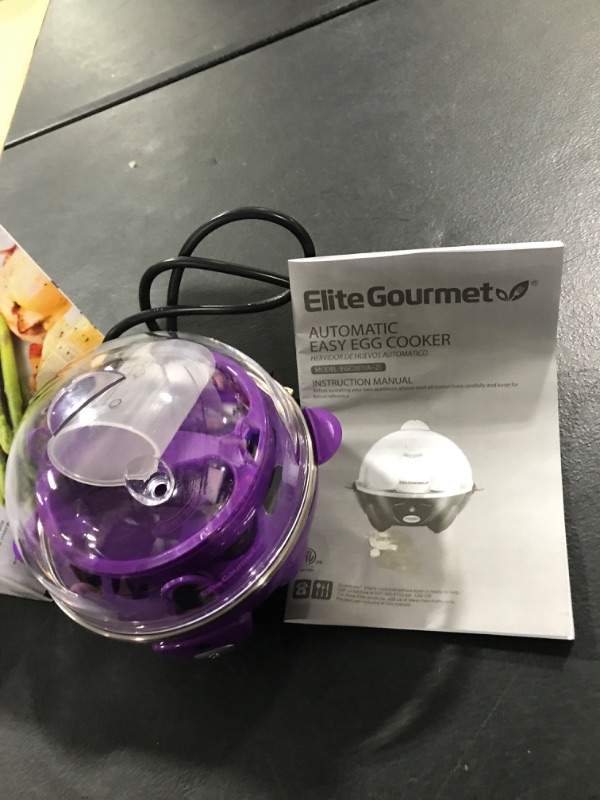 Photo 1 of Elite Gourmet EGC007P Rapid Egg Cooker, 7 Easy-To-Peel, Hard, Medium, Soft Boiled Eggs, Poacher, Omelet Maker, Auto Shut-Off, Alarm, 16-Recipe Booklet, Purple