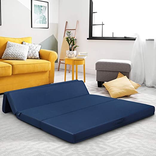 Photo 2 of 6" Thick Folding Portable Mattress Pad Sofa Bed with No Carrying Handles and Removable Washable Fabric, High-Density Foam Futon Sleepover Guest Easy to Store (Queen, Blue)