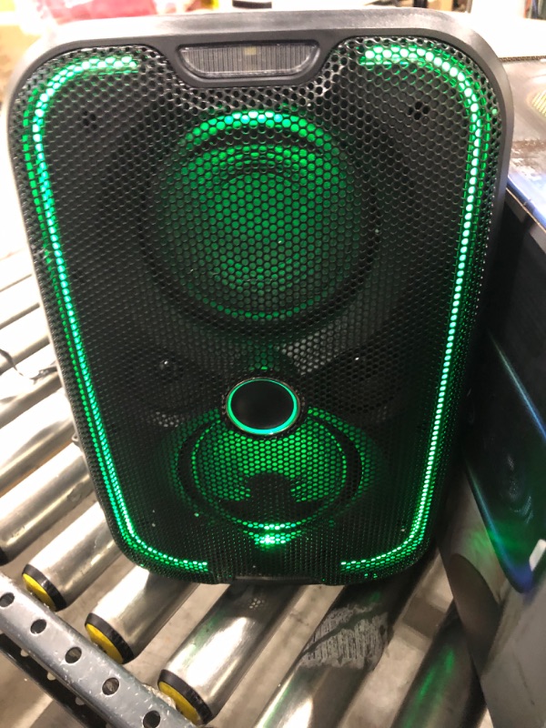 Photo 2 of Brookstone Big Blue Go 60 Watt Wireless Indoor Outdoor Portable Speaker, Built in Qi Charging Pad, LED Light Show, Bluetooth 5.0, IPX5 Water Resistant, Tap to Link Multiple Speakers, Karaoke Mic Input