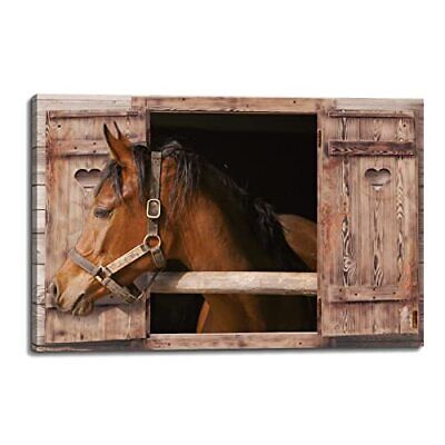 Photo 1 of ZNZ Wood Window Horse Large Canvas Wall Art Decor 24"x36" Brown Modern Pictur...
