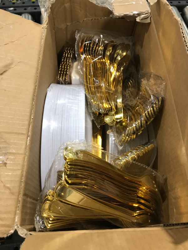 Photo 2 of 350 Piece MCIRCO Gold Dinnerware Set - 100 Gold Rim Plastic Plates - 50 Gold Plastic Silverware - 50 Gold Plastic Cups - 50 Linen Like Gold Paper Napkins, 50 Guest Disposable Gold Dinnerware Set