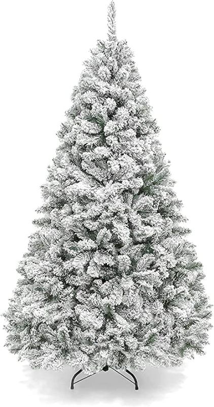 Photo 1 of 6Ft Artificial Christmas Pine Tree, Flocked Christmas Full Tree with Pre-Decorated Holiday Christmas Tree with 600 Branches and Solid Metal Stand for Home, Office, Christmas Party Decoration (White)
