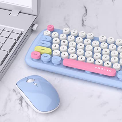 Photo 1 of Colorful Wireless Computer Keyboards Mouse Combos, UBOTIE Polychrome Round Keycaps Retro PC Keyboards 2.4GHz Radio Frequency Connection with Optical Mouse(Blue-Colorful)
