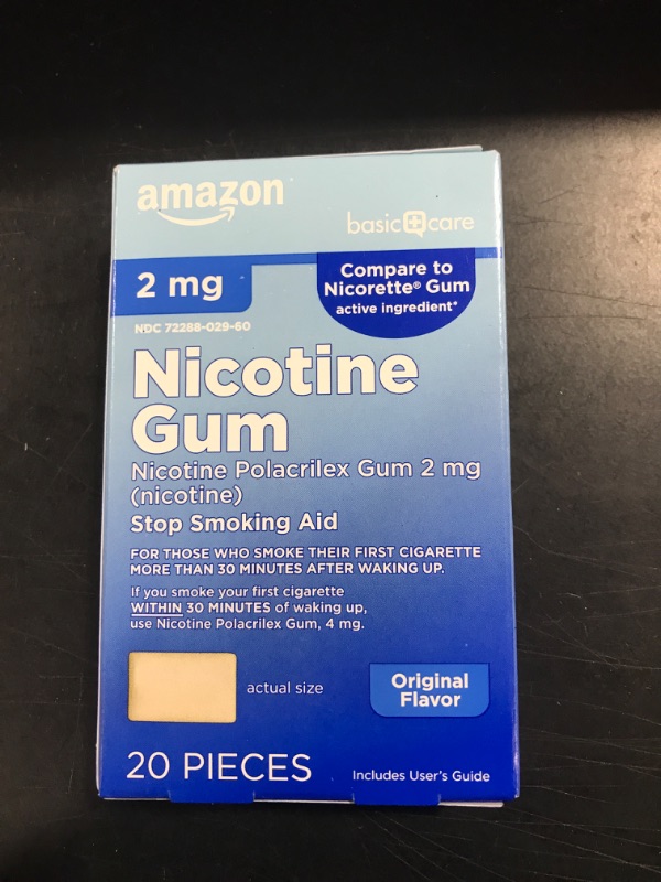 Photo 2 of Amazon Basic Care Nicotine Polacrilex Uncoated Gum 2 mg (nicotine), Original Flavor, Stop Smoking Aid; quit smoking with nicotine gum, 20 Count 2mg Original 20 Count (Pack of 1)