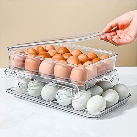 Photo 1 of 1 Pack Egg holder,Refrigerator-Egg-Trays,2 Tiers Lifting and Folding Egg Storage, Karge Capacity Egg Container, Egg Container, Transparent Tape Cover, Can Store Up to 18+20 Eggs
