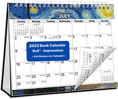 Photo 1 of CRANBURY Small Desk Calendar 2023 - (8x6", Impressions), Use Standing Desk Calendar as Stand Up 2023 Calendar, Desktop Calendar with Artwork Monthly Designs, Stickers for Calendars 