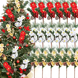 Photo 1 of 18 Pack 12'' Christmas Elegant Faux Evergreen Sprigs Gold and Silver Flower Ornaments Pine Cone Poinsettia Leaf Flowers in Clever Pine Cone Shape (Red Gold White) 