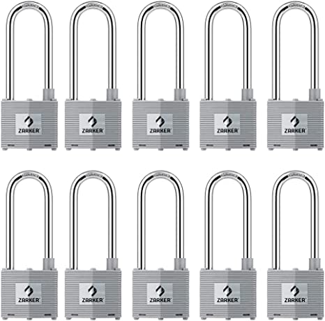 Photo 1 of Zarker N45L Keyed Alike Zinc Plated Heavy Duty Steel Laminated Padlock with Long Shackle, 1-3/4"(45mm) Wide Body - Pack of 10 