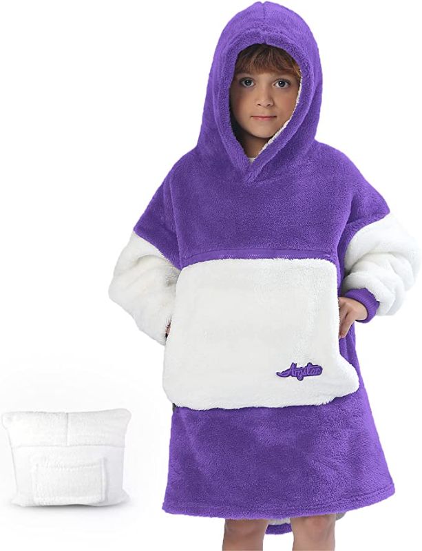 Photo 1 of Argstar Oversized Blanket Hoodie Kid Boys Girls, Cozy Sherpa Wearable Blanket Children, Comfy Giant Warm Soft Hoodie Blanket Sweatshirt with Deep Pocket and Elastic Sleeve (Purple) 