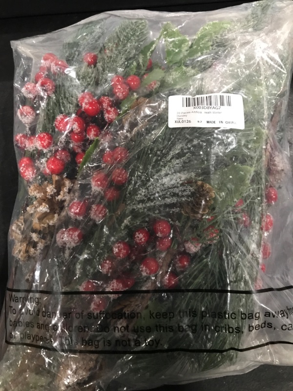 Photo 2 of 20 Pieces 12 Inch Artificial Christmas Floral Picks Large Size Xmas Fake Red Berry Pine Holly Pine Snowy Flower Pine Cone Berries Pine Christmas Tree Picks and Sprays for Christmas Wreath Home Decor