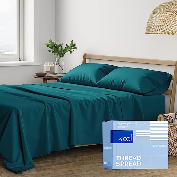 Photo 1 of 100% Cotton Full Size Sheet Set - 4 Piece Set - Hotel Luxury Bed Sheets - Deep Pockets - Easy Fit - 400 Thread Count Sateen Weave Breathable & Cooling Sheets - Teal Bed Sheets - Fulls Sheets 